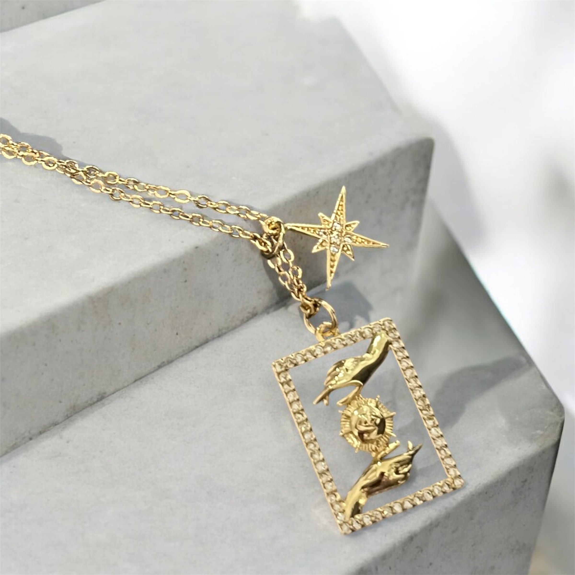 Gold Tarot Card Necklace with North Star Charm -The Sun