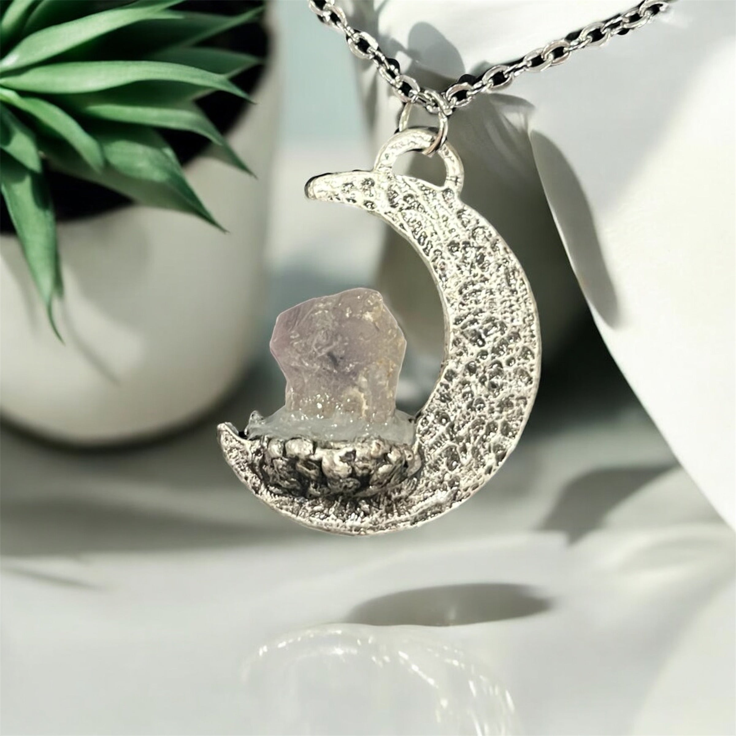 Silver Brushed Raw Quartz Crescent Moon Necklace