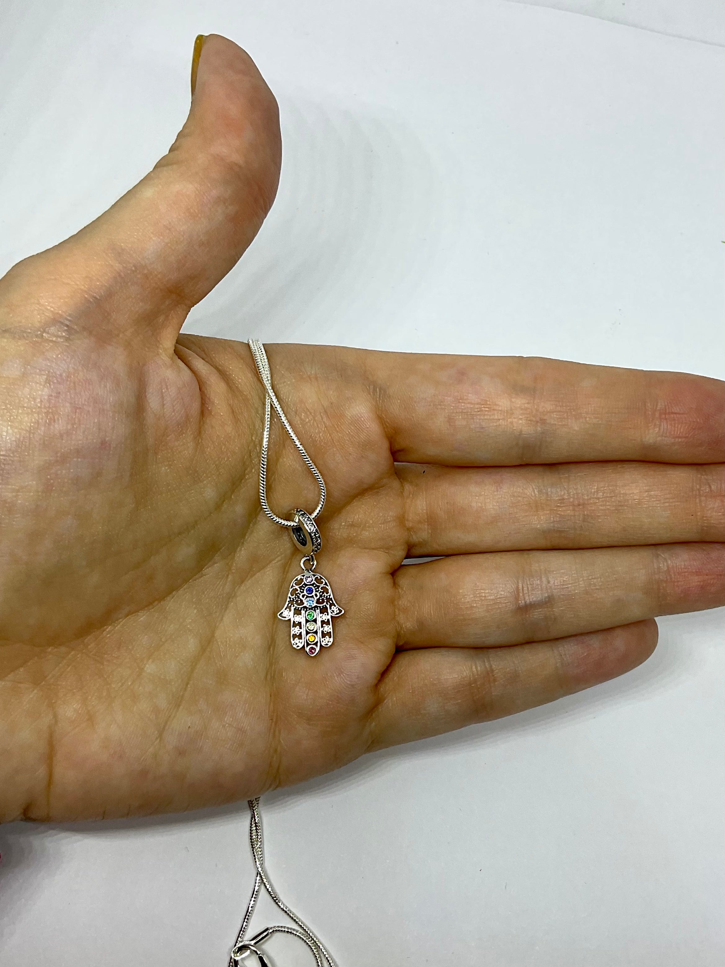 Silver Hamsa Chakra Pendant Necklace