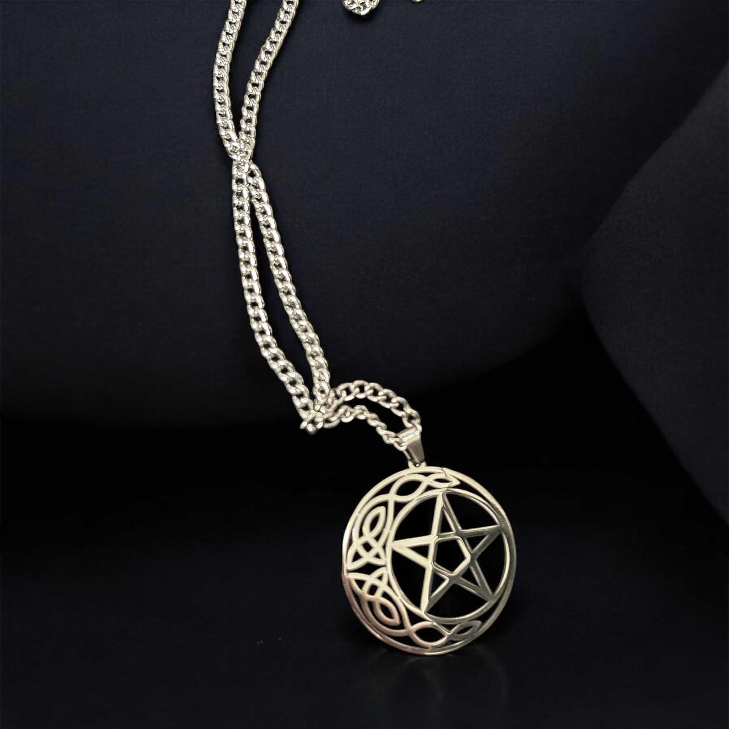 Silver Pentagram and Celtic Crescent Moon Necklace