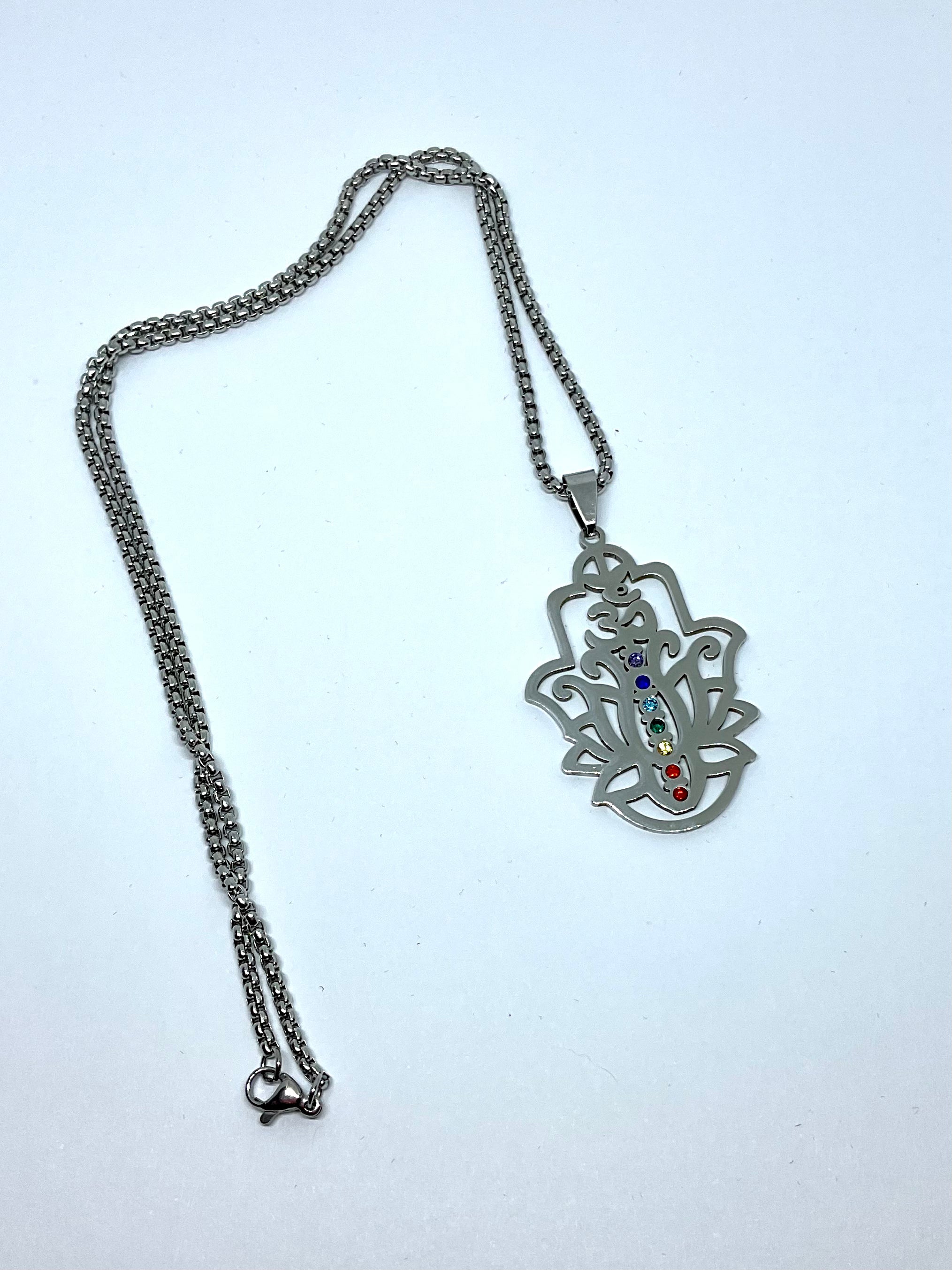 Silver Yoga Lotus Chakra Stone Pendant Necklace