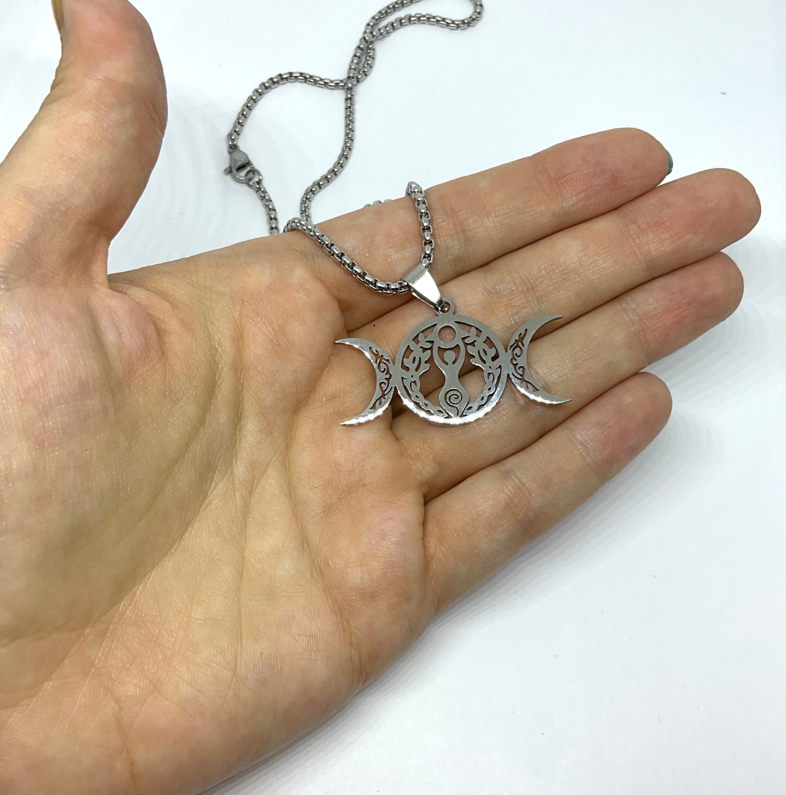 Silver Triple Moon Spiral Goddess Pendant Necklace