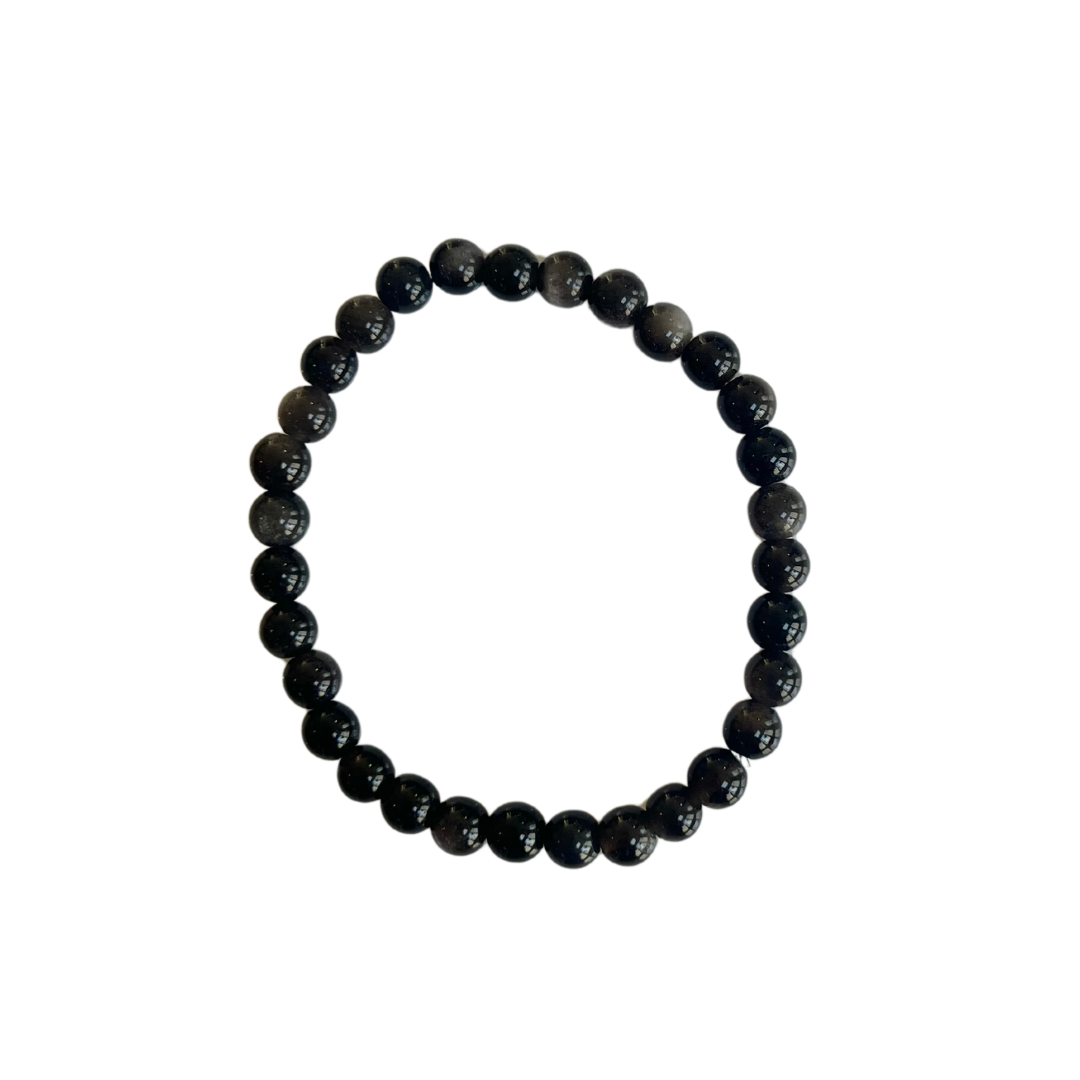 6mm Silver Obsidian Beaded Bracelet