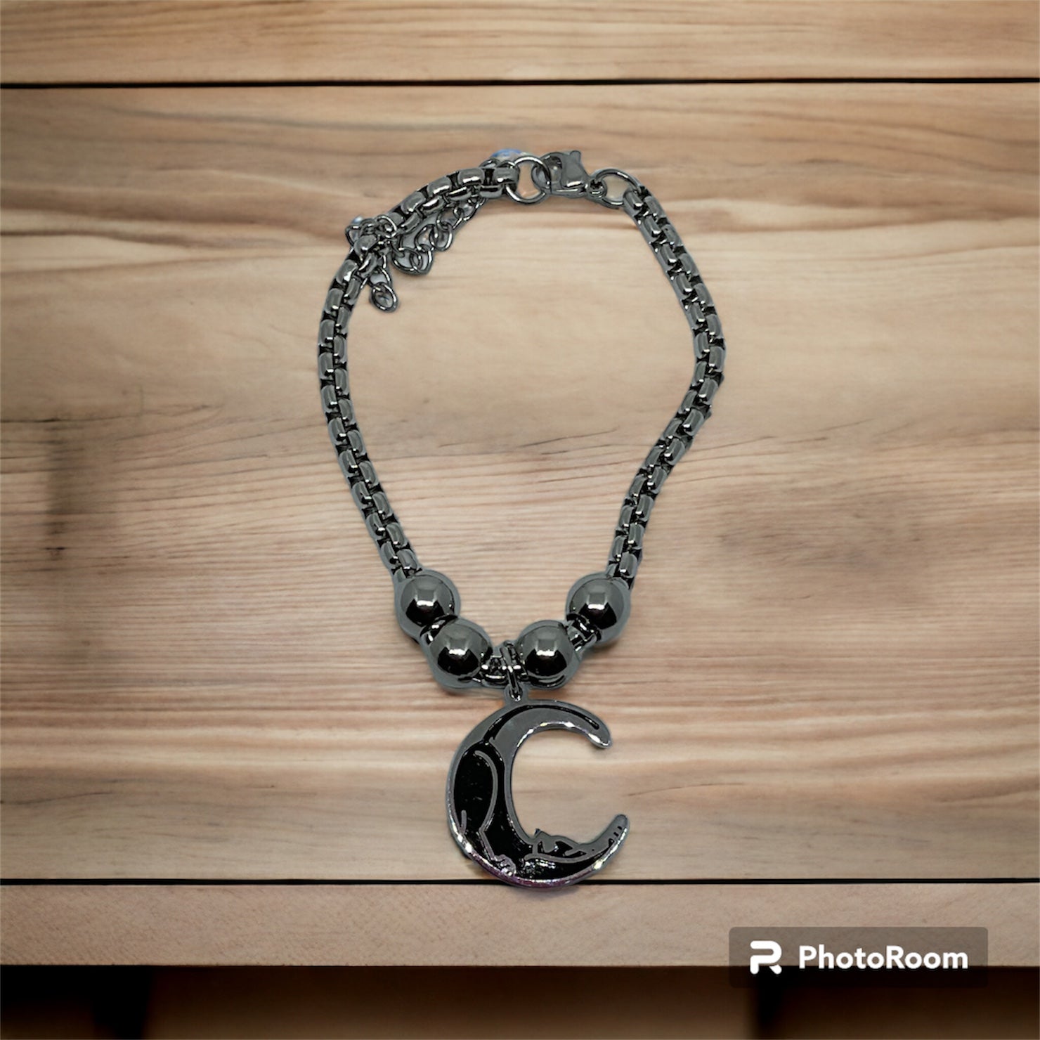 Silver Cat Moon Pendant Bracelet