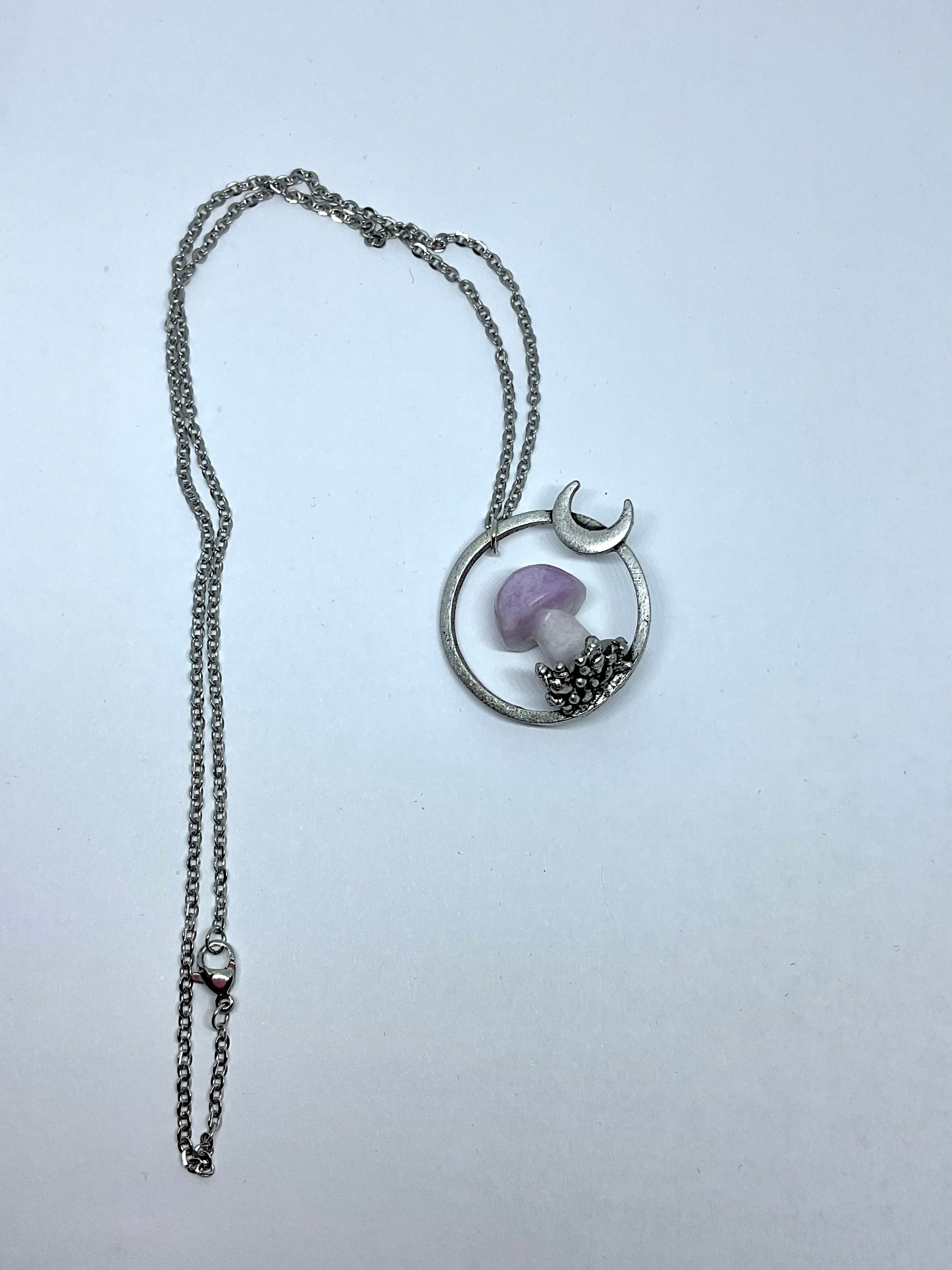 Amethyst Mushroom Crescent Moon Pendant Necklace