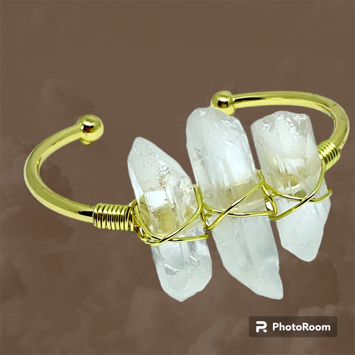 Clear Crystal Quartz (Three Stone) Gemstone Gold Bangle Cuff Bracelet