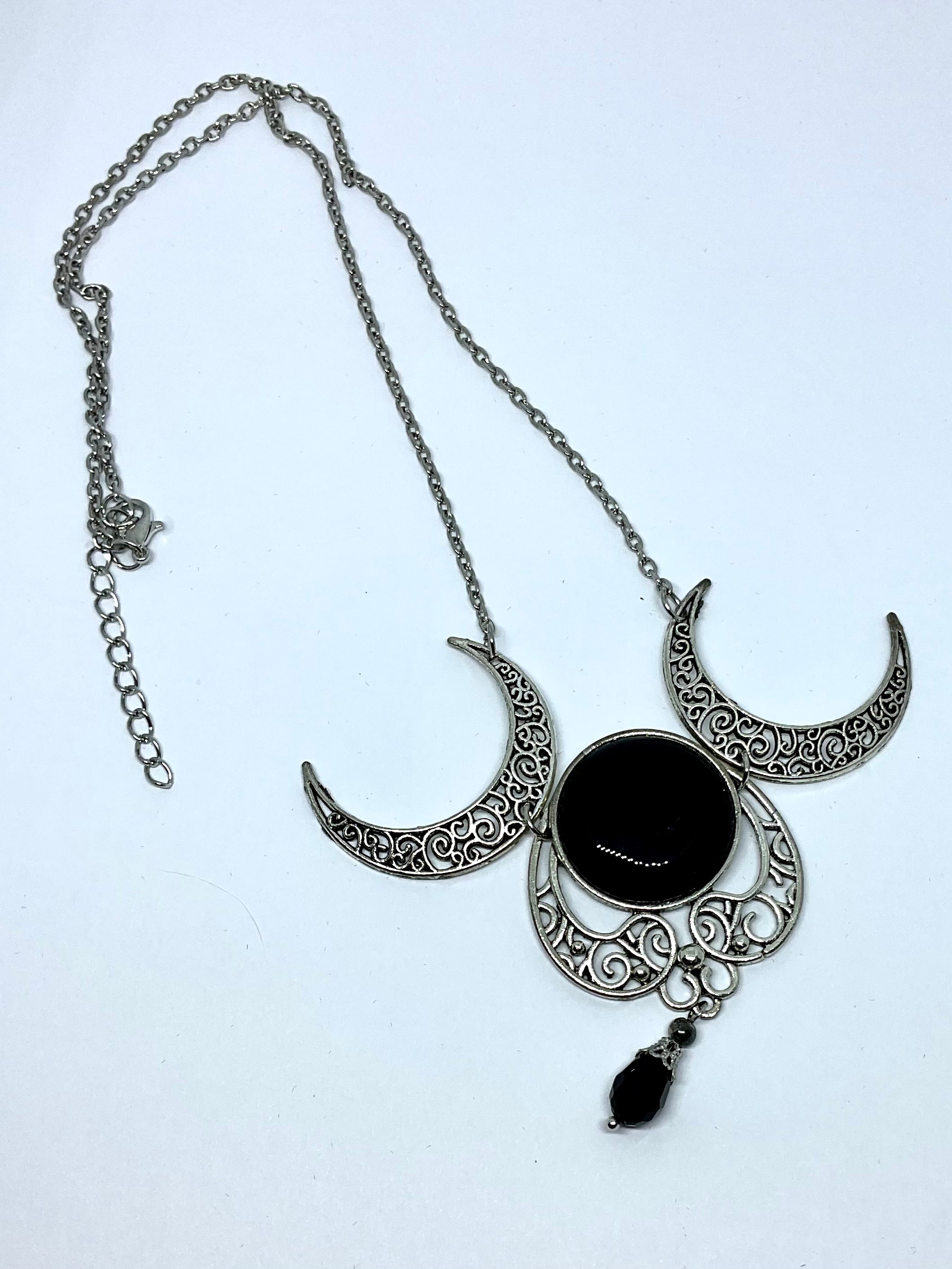 Silver Large Triple Moon Celtic Knot Black Stone Medallion Statement Necklace