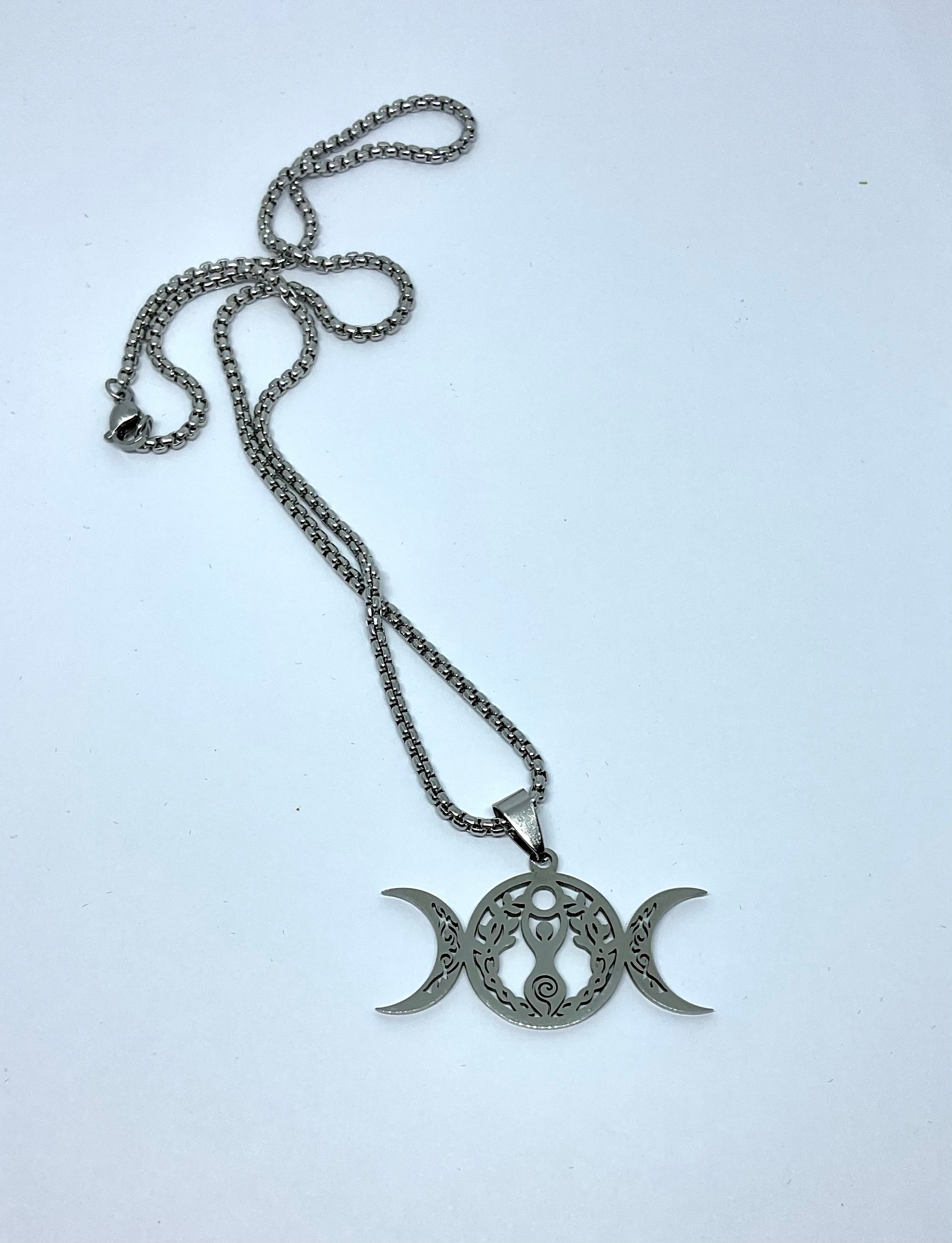 Silver Triple Moon Spiral Goddess Pendant Necklace