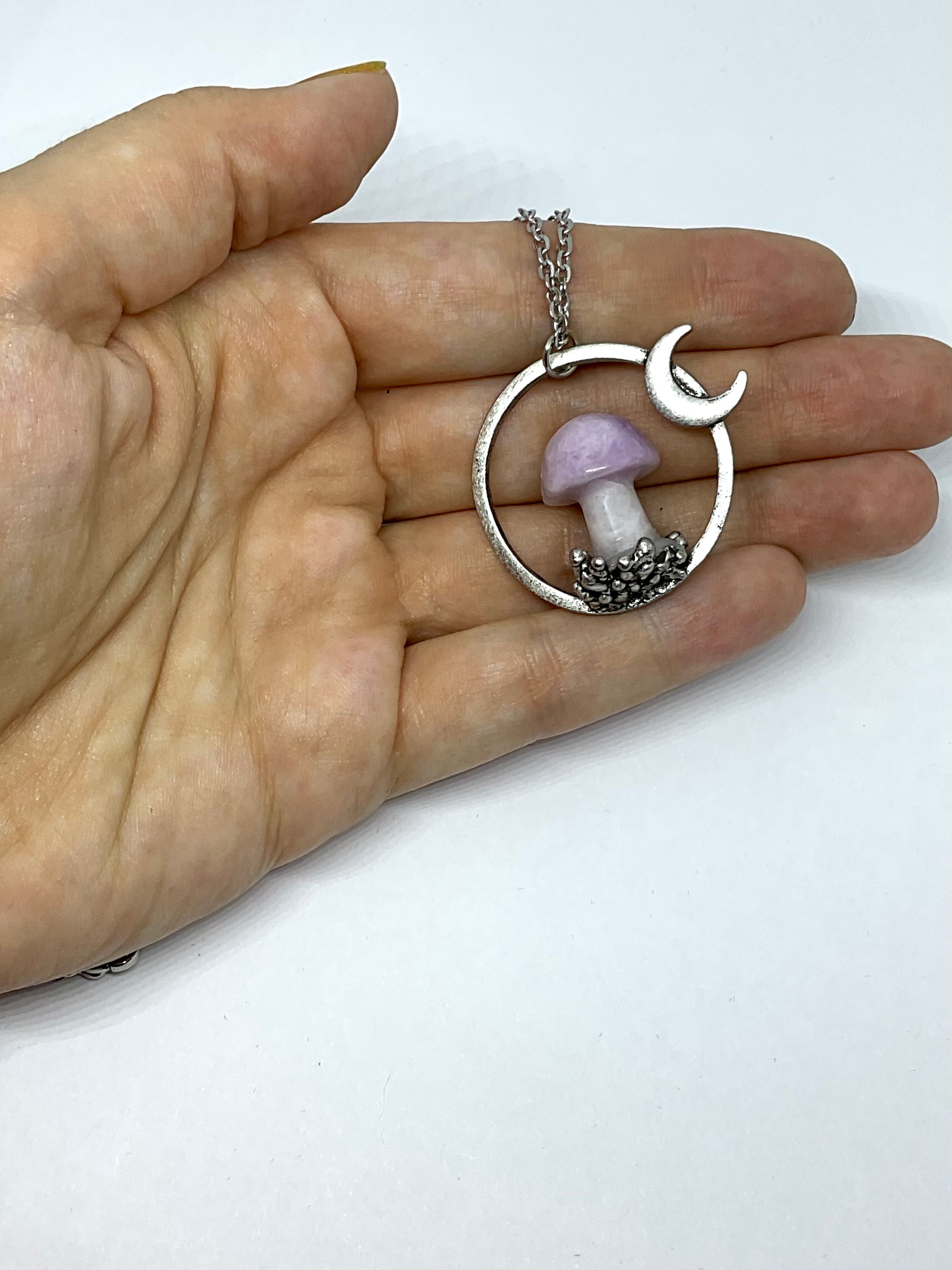 Amethyst Mushroom Crescent Moon Pendant Necklace