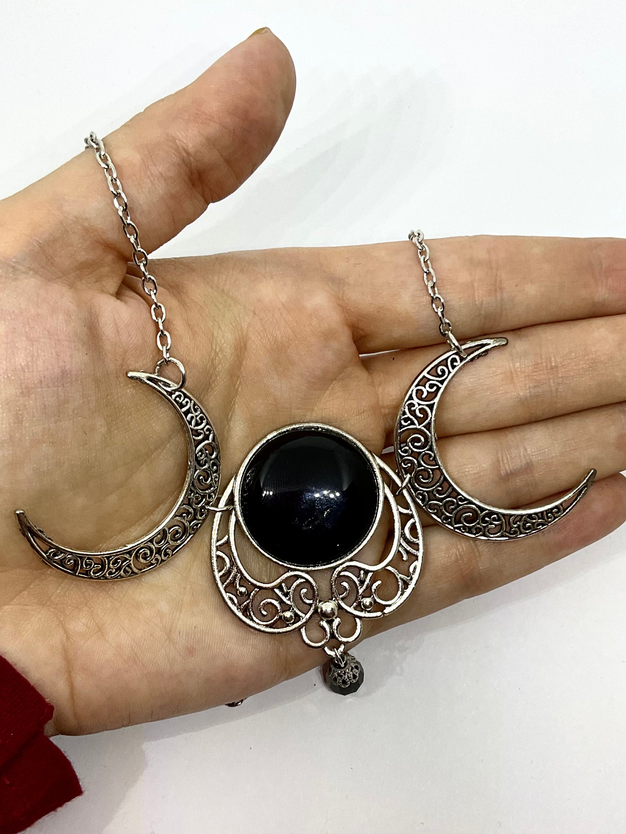 Silver Large Triple Moon Celtic Knot Black Stone Medallion Statement Necklace