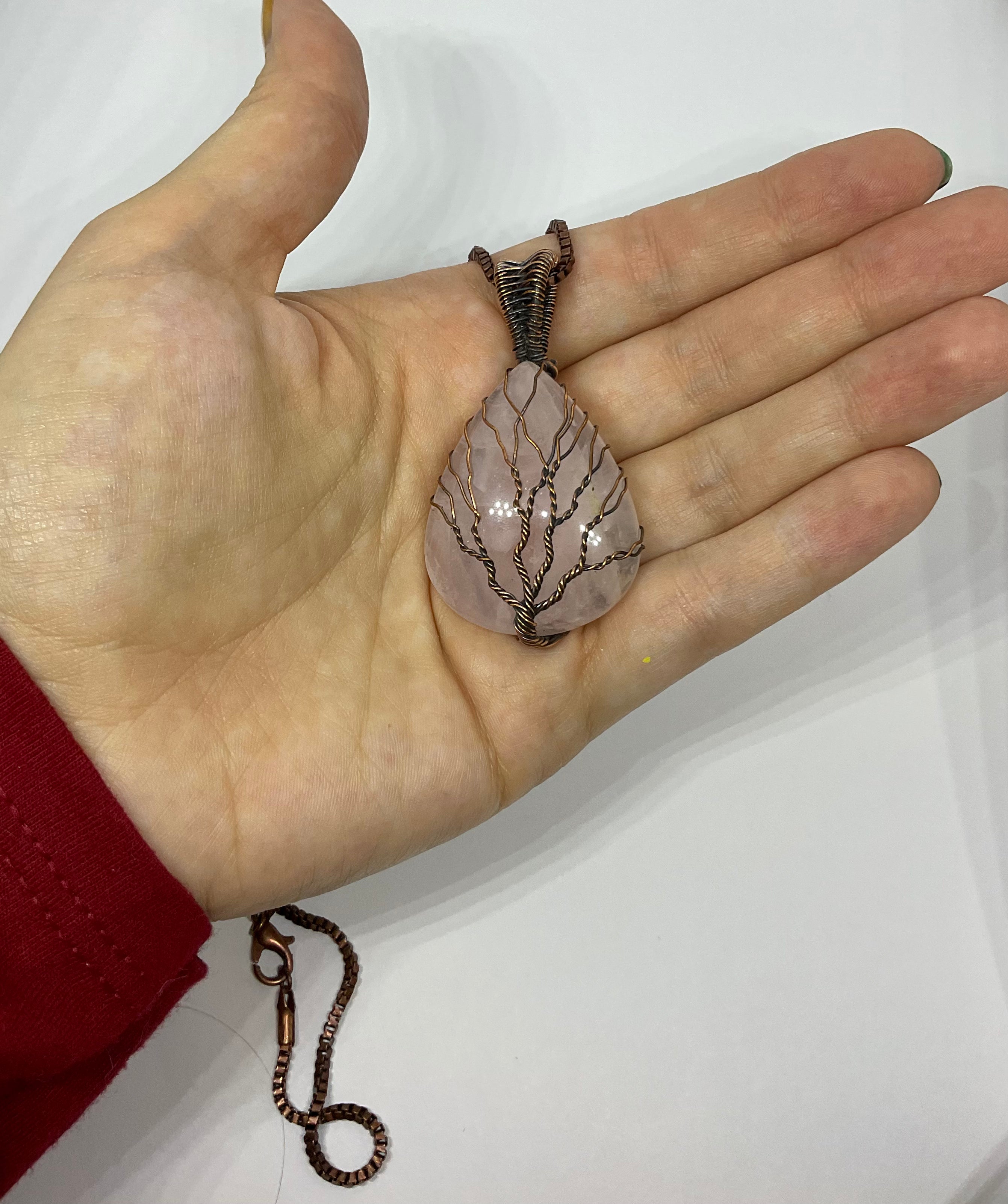 Rose Quartz Copper Tree Pendant Necklace