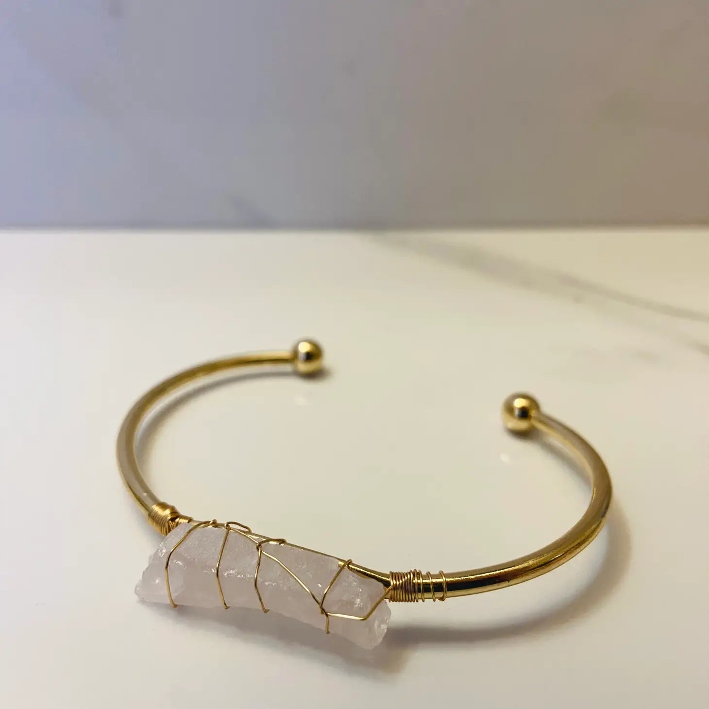 Rose Quartz + Gold Cuff Bangle Bracelet
