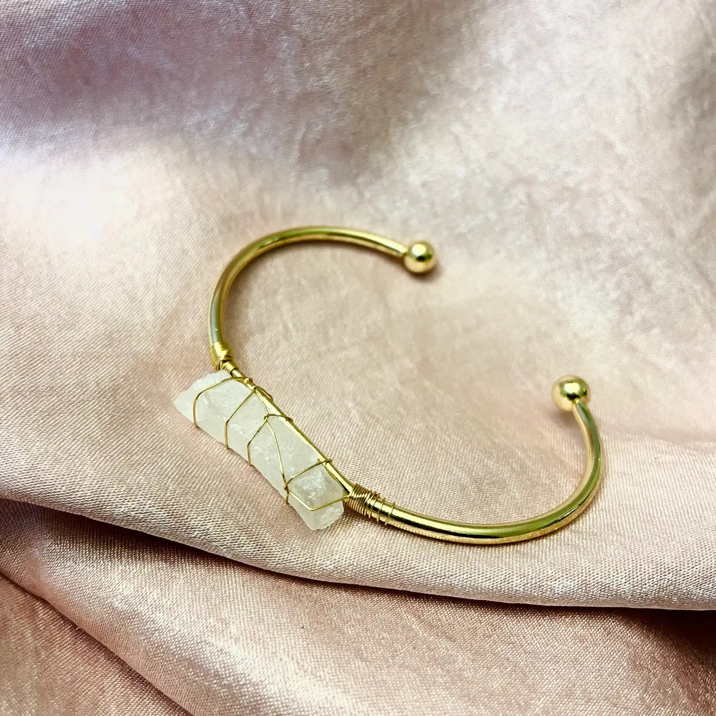 Rose Quartz + Gold Cuff Bangle Bracelet